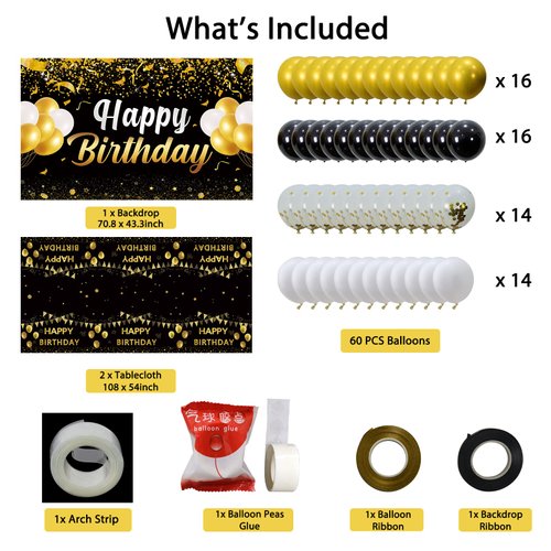 Trgowaul Birthday Party Decorations for Men Women - Black Gold Happy Birthday Banner Backdrop, 2 Pcs Happy Birthday Tablecloth, 60 Pc Latex Confetti Balloons, Birthday Party Supplies in Black Gold