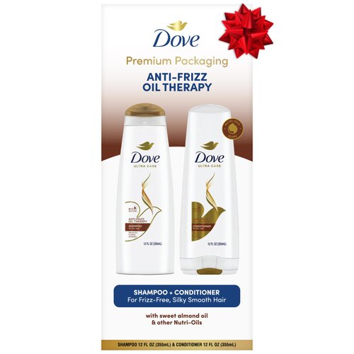 Dove Shampoo and Conditioner Set, Anti-Frizz Oil Therapy – Everyday Hair Treatment for Dry, Damaged Hair, Smoothing, 12 Oz Ea