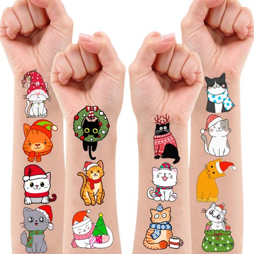 Christmas Temporary Tattoos 10 Sheets 100 PCS Cute Cat Party Decorations Favors Supplies Xmas Cat Theme Birthday Stickers Gifts for Boys Girls Kids Class School Prizes Carnival Christmas
