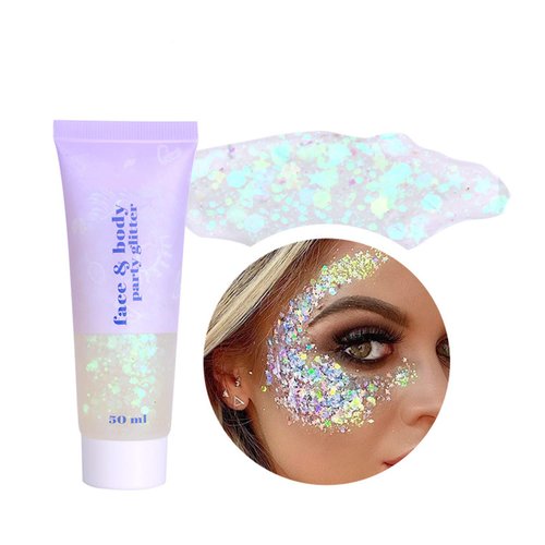 MAEPEOR Face Body Glitter Gel 14 Colors Mermaid Sequins Body Glitter Gel Chunky Holographic Glitter Liquid Body Makeup for Face Body Hair Nails (50ml, F06 White)