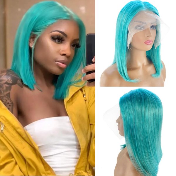 OiMiGO 8 Inch Lack Blue Bob Wig Human Hair,Straight Lace Front Bob Wigs 13x4 HD Transparent Short Bob Frontal Lace Wig Free Part Wig Human Hair Pre Plucked Bleached Knots(8Inch)
