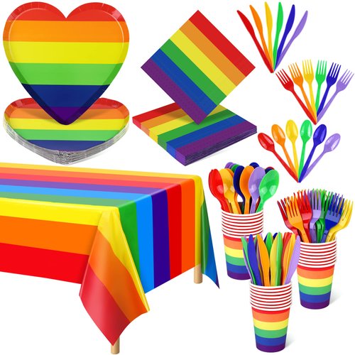 durony 145 Pieces Rainbow Party Supplies Gay Pride Tableware Set Include Pride Rainbow Plates Paper Cups Napkins Cutlery Rainbow Tablecloth for Rainbow Gay Pride Party Decorations, Serve 24 Guests