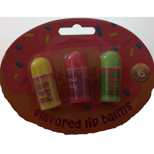 3 Stick Pack of Just 4 Girls;: Donut Party Lip Balm; Vanilla, Jelly and Green Tea Flavors 0.1 oz each