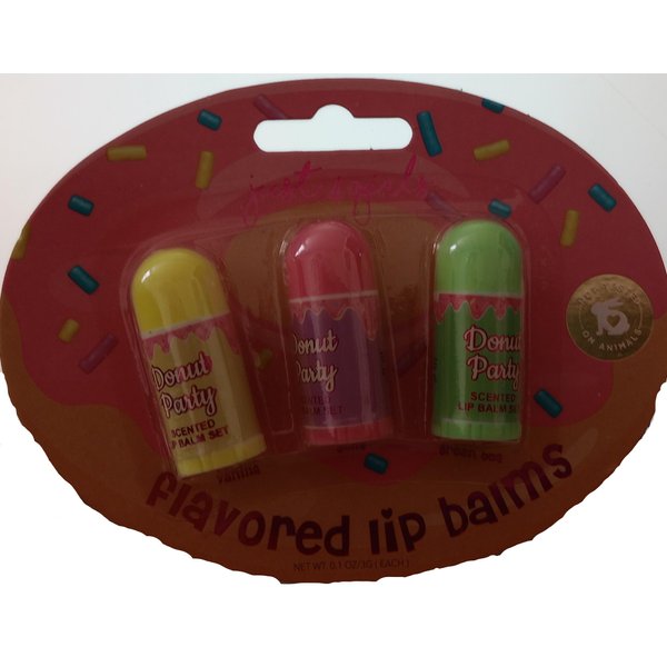 3 Stick Pack of Just 4 Girls;: Donut Party Lip Balm; Vanilla, Jelly and Green Tea Flavors 0.1 oz each