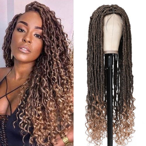 POSYTRESS Faux Locs Beho Braided Wigs for Women 36 Inch Embroidery Lace Front Wigs with Curly End...