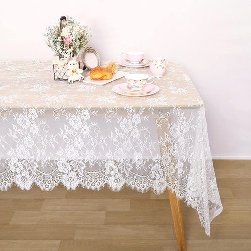 QueenDream White Lace Tablecloth: 60 X120 Inches - Rectangular - Wedding Table Cloth Vintage Embroidered Lace Fabric Overlay for Summer Outdoor Party Reception Home Decor