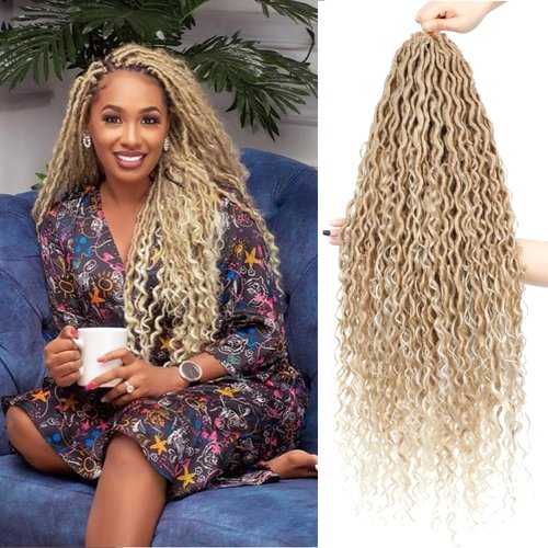 8 Packs River Locs Crochet Hair 22inch New Goddess Locs Crochet Hair Omber Blonde Curly Faux Locs Wavy Crochet Hair with Curly Ends Synthetic Hair Extensions (22" 8Packs 27/613#)