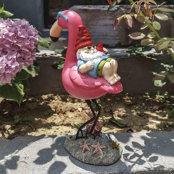 Jy.Cozy Gnome Garden Statue Funny Gnome Reclining on Flamingo Figurines, Resin Garden Gnomes Fall Decorations Outdoor for Patio Yard Lawn Porch, Ornament Gift