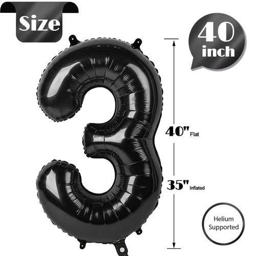 Black Number 3 Balloon 40 Inch, 3 Balloon Number, 3rd Birthday Decorations, Black Party Supplies for Boys Girls