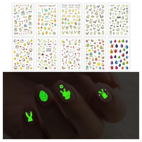 Partwind Luminous Easter Nail Stickers for Kids Girls, Glow Cute Nail Stickers Decals Wraps for Easter Nail Decorations Accessories, Easter Spring Fingernail Stickers for Girls Basket Stuffers Gifts