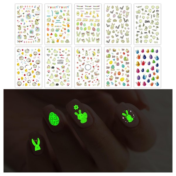 Partwind Luminous Easter Nail Stickers for Kids Girls, Glow Cute Nail Stickers Decals Wraps for Easter Nail Decorations Accessories, Easter Spring Fingernail Stickers for Girls Basket Stuffers Gifts