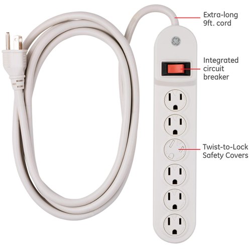 GE 6-Outlet Power Strip, 9 Ft Extension Cord, Twist-to-Lock Safety Covers, Integrated Circuit Breaker, UL Listed, White, 55253