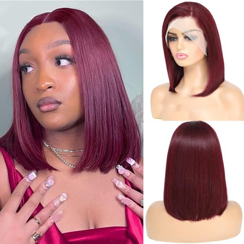 99J Burgundy Lace Front Wigs Human Hair 13x4 Short Bob Wig HD Lace Front Human Hair Wig Pre Pluck...
