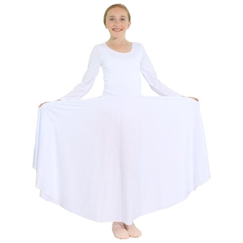 Danzcue Girls Praise Loose Fit Full Length Long Sleeve Dance Dress, White, 12-14