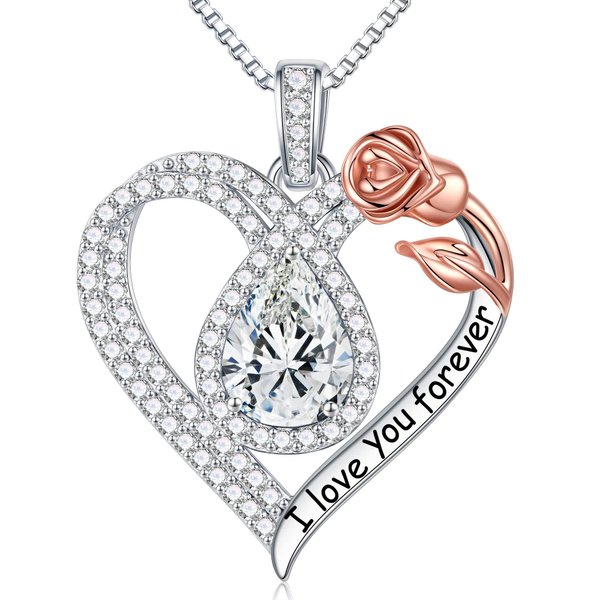 Hidepoo Christmas Gifts for Women Mom - Sterling Silver April Birthstone Necklace for Women, White Topaz Necklace Rose Love Heart Pendant Teardrop Necklace Birthstone Jewelry for Women Birthday Gifts