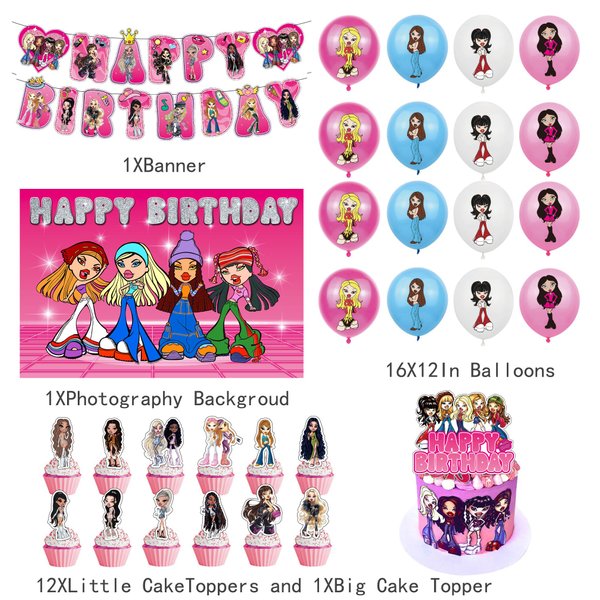hlelu Cartoon Delicacy Girl Birthday Party Decorations Includes Happy Birthday Banner-Cupcake and Cake Topper-Balloons-Party Backdrop for Fans and Kids Birthday Party Supplies