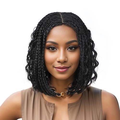 POSYTRESS Braided Bob Wigs for Black Women Box Braids Wig with Free Tress 14 Inch Curly Goddess Box Braids Wigs Synthetic Box Braids Hair Black Color Fake Scalp Short Bob Wigs(#1B, 14”)