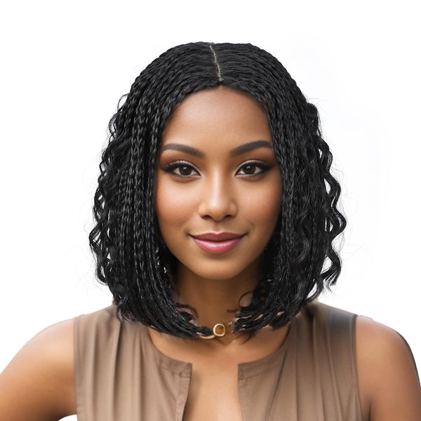 POSYTRESS Braided Bob Wigs for Black Women Box Braids Wig with Free Tress 14 Inch Curly Goddess Box Braids Wigs Synthetic Box Braids Hair Black Color Fake Scalp Short Bob Wigs(#1B, 14”)