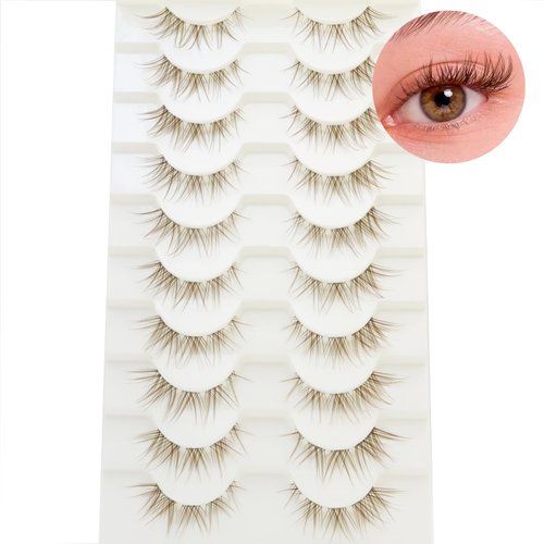 DAODER Brown Mink Lashes Natural Look Clear Band Cat Eye Strip False Eyelashes Brown Wispy Eyelashes 13mm Short Anime Lashes Reusable Light Eye Lashes Pack 10 Pairs(Brown Cat Eye)