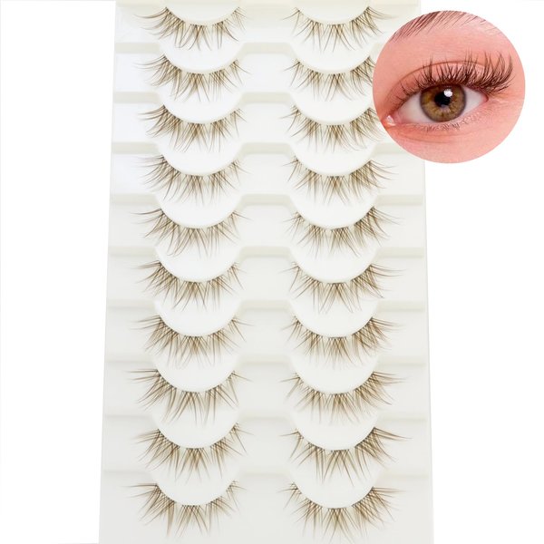 DAODER Brown Mink Lashes Natural Look Clear Band Cat Eye Strip False Eyelashes Brown Wispy Eyelashes 13mm Short Anime Lashes Reusable Light Eye Lashes Pack 10 Pairs(Brown Cat Eye)