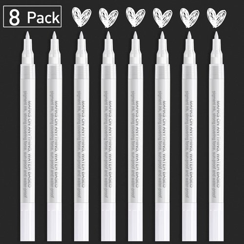 AKARUED White Paint Pen Acrylic Marker: 8 Pack 0.7mm White Paint Marker for Black Paper, Metal, Wood, Plastic, Ceramic, Metallic, Rock Painting, Drawing, Extra Fine Point, Ideal for Artist & Students