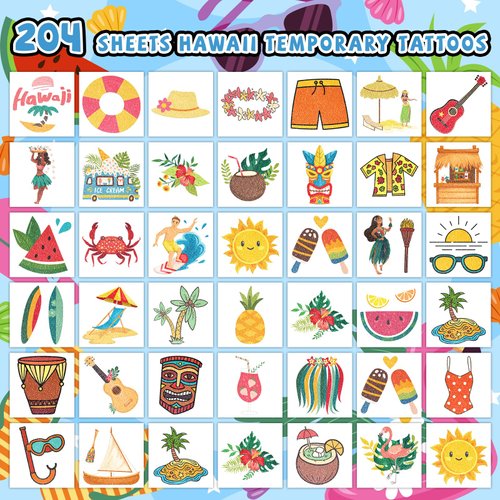 EMOME 204 Sheets Kids Tattoos Luau Beach Party Decorations, Individually Wrapped Glitter Tattoos for Kids Pool Party Favors Supplies, Hawaiian Beach Themed Decor Goody Bag Stuffers for Kids