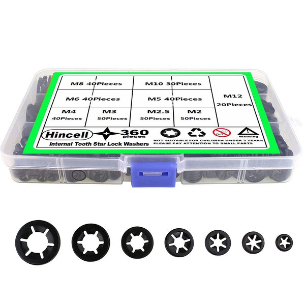 Internal Tooth Star Lock Washers,Hincell 360 Pieces 9 Sizes Push Nuts Assortment,Quick Speed Locking Washers, Push Nuts, Speed Clips Retaining Clips Fasteners Assortment Kit