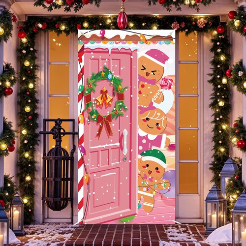 Pink Christmas Door Cover Gingerbread Door Banner Decorations Gingerbread Man Christmas Wreath Front Door Cover Peppermint Candy Cane for Xmas New Year Holiday Candy Party Cute House Supplies Decor