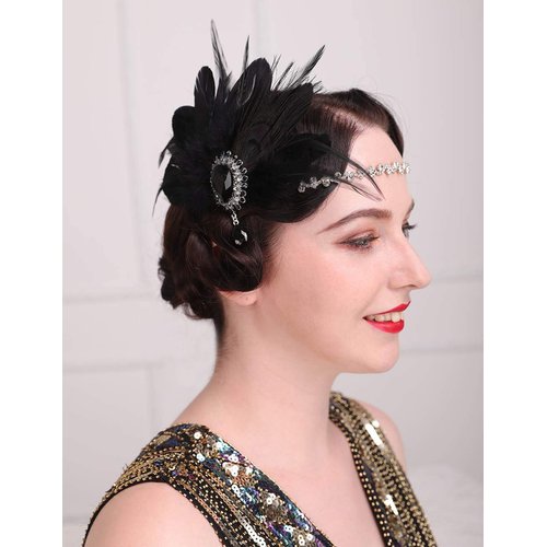 Aimimier 1920s Flapper Feather Hair Clip with Crystal Head Chain Roaring 20s Headpiece Costume Masquerade Hair Jewelry for Women and Girls (Style 2)