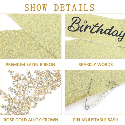 CAVETEE Princess Crown and Birthday Princess Sash,Glod Birthday Tiara With Glitter Sash for Princess Party Decorations Happy Birthday Accessories Birthday Crown and Tiara for Women Girls