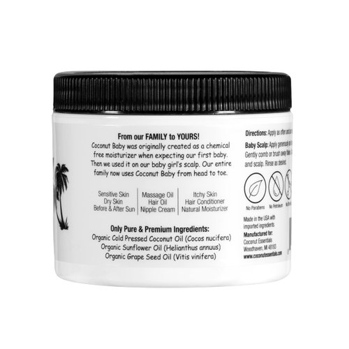 Coconut Essentials Coconut Baby Oil Organic Moisturizer for Cradle Cap Treatment | Eczema & Psoriasis Relief | Massage Oil for Sensitive Skin | Hair Growth & Diaper Rash prevention| 4 fl oz