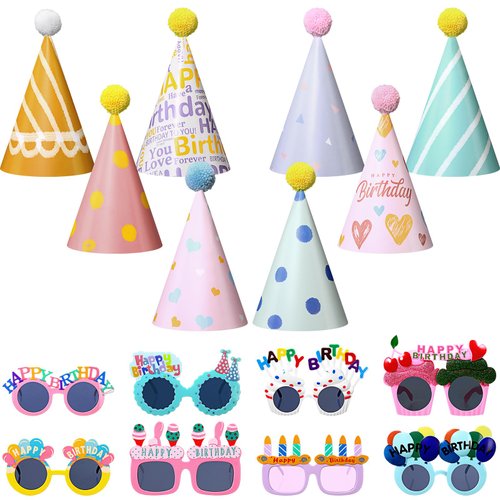 Gersoniel 16 Pcs Birthday Party Hats for Adults Rainbow Colorful Sunglasses Cone Birthday Decorations Supplies (Delicate Style)