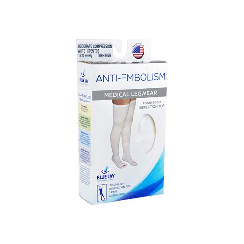 Blue Jay Anti Embolism Thigh High Stockings | Provides Gentle Massage | Improves Blood Circulation - Inspection Toe at The Bottom - Prevents Skin Allergies & Odor - White Colour - Size 15-20 mm