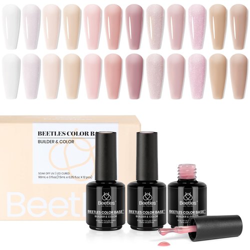 Beetles 12 Pcs Nude Pink Translucent Color Base and Builder Color Gel, Porcelain Doll Pink Nail Polish Neutral Sheer Colors Strengthener Soak Off U V Nail Art DIY Gift for Women
