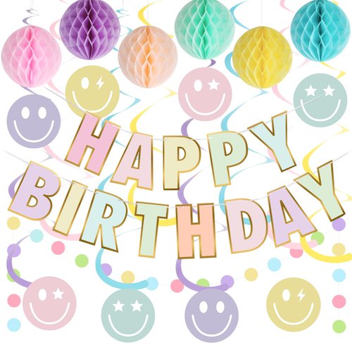 YEOCU Birthday Decorations, NO DIY, Pre-Strung Happy Birthday Banner with Honeycomb Balls, Hangin...
