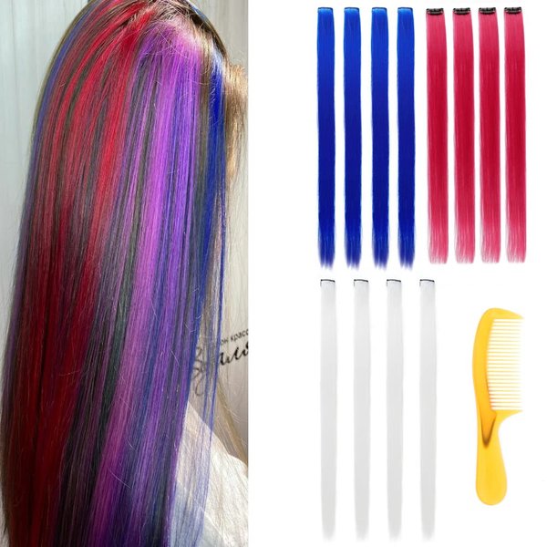 22 Inch Colored Hair Extensions 12 Packs Multi-colors Party Highlights Clip in for Women and Kids Colorful Straight Long Hair Extensions Rainbow Hair Extension (White+red+blue)