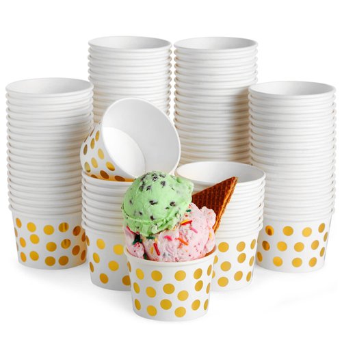 Juvale 100 Pack Paper Ice Cream Cups, 8 oz Disposable Dessert Bowls for Frozen Yogurt, Sundae Bar, Party Snacks and Treats, Gold Foil Polka Dot Design