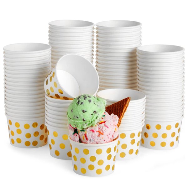 Juvale 100 Pack Paper Ice Cream Cups, 8 oz Disposable Dessert Bowls for Frozen Yogurt, Sundae Bar, Party Snacks and Treats, Gold Foil Polka Dot Design