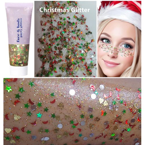 Go Ho Christmas Body Hair Face Glitter Gel,Christmas Glitter Face Paint,Holographic Colorful Sequins Chunky Glitter,Reflective Face Temporary Tattoo Glitter Makeup,Festival Christmas Accessories