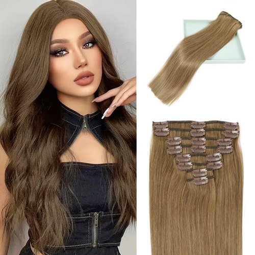 LORIEN Clip in Hair Extensions Real Human Hair, 20 Inch 105g, 6 Medium Brown, Clip in 100% Brazilian Remy Human Hair Extensions 8pcs Per Set with 18 Clips Double Weft