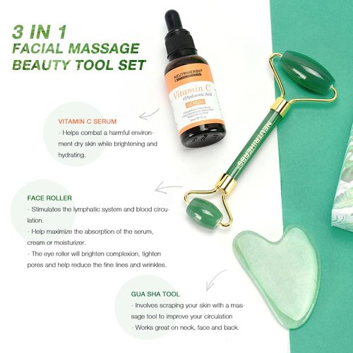 NEUTRIHERBS Jade Gua Sha & Face Roller & Vitamin C Serum Facial Tool Set(3 in 1 Kit), Home Face Massager for Wrinkle,Fine Line,Puffiness,Firm Smooth Relax Skin -- Green