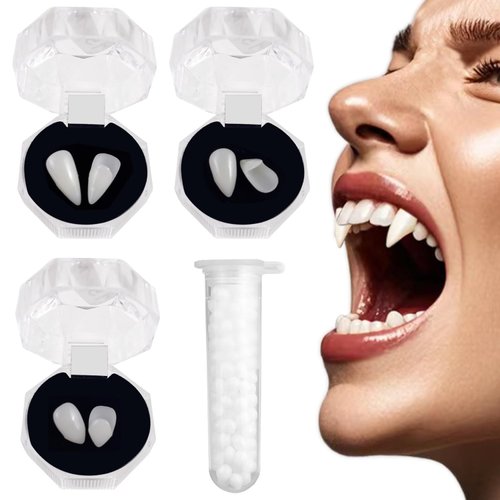 3 Pairs Halloween Vampire dentures and fangs - realistic vampire fangs dentures, 3 sizes with adhesive, 13mm, 15mm, and 17mm, Halloween role-playing props, party gifts, makeup ball accessories gifts