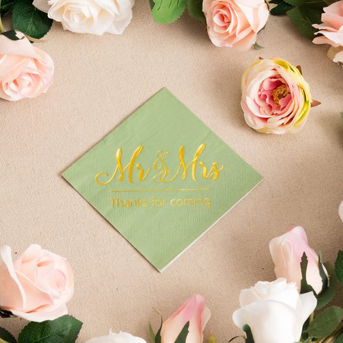 Crisky Sage Green Wedding Napkins Mr & Mrs Gold Cocktail Beverage Dessert Napkins for Wedding Shower Engagement Party Decorations, Wedding Cake Table Decor Supplies 100 Pcs, 3-Ply
