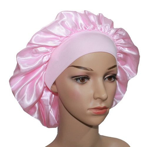 VEYRNEIC Hair Satin Bonnet for Sleeping Shower Caps Silk Chemo Caps with Wide Elastic Band Night Sleep Cap Bonnets for Black Women Braids with Satin Storage Bag (Pink)