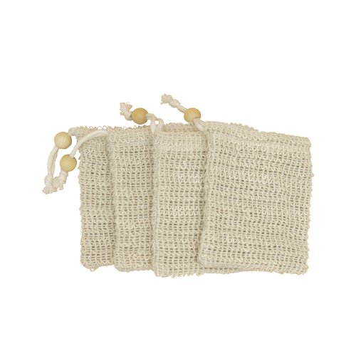 Bleu Bath (4 Pack) Exfoliating Loofah Pouch Sisal Ramie Soap Saver Bag with Drawstring and Wooden Bead Holder