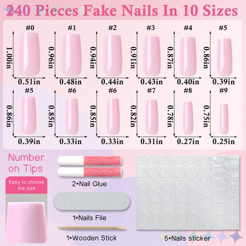 LuckForever 240pc Square Press on Nails Long Fake Nails, Long Press on Nails Square Nail Tips Full Cover Pink Acrylic Nails Press ons Nail False Fingernail with Glue Adhesive Tabs for Women Girls