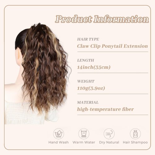 MAYSA Curly Ponytail Hair Extension, 14in Claw Clip in Highlights Ponytail Hair Extension, Clip in Ponytail Soft Synthetic Hairpiece for Black Women #8BH26 Chocolate Brown with Blonde Highlights