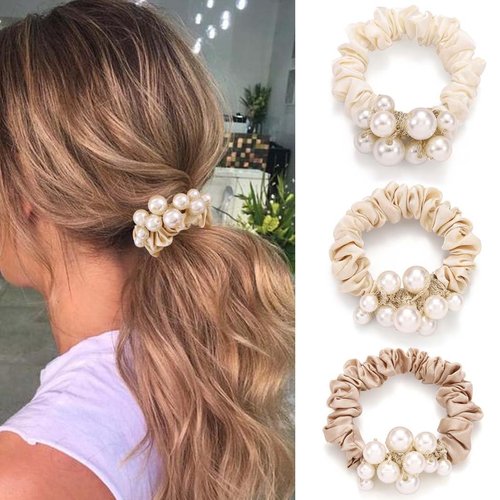 Fashey Pearl Hair Ties Elastic Ponytail Holder Satin Hair Scrunchies Beaded Set Hairbands Simple Hair Accessories for Women(Pack of 3）