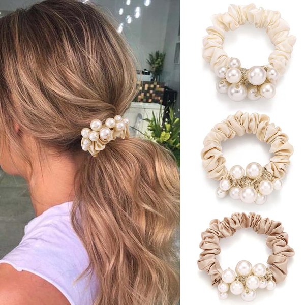 Fashey Pearl Hair Ties Elastic Ponytail Holder Satin Hair Scrunchies Beaded Set Hairbands Simple Hair Accessories for Women(Pack of 3）