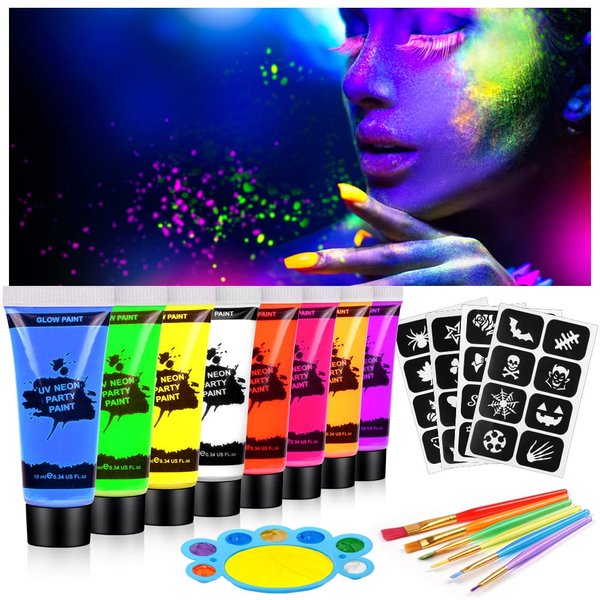 AOOWU Face Body Paint Set, 8 Colors Ultraviolet Light Neon Fluorescent Face Paint, Non Toxic Face Painting with Palette and Brushes, Club Makeup Art Paint Kit for Adults Kids Party Carnival